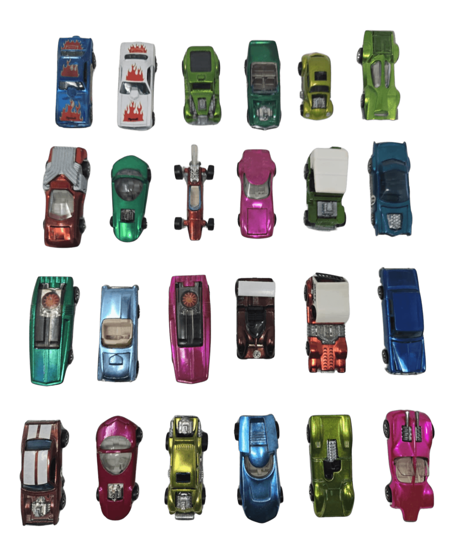 Group photo of Hot Wheels collection arranged on desk